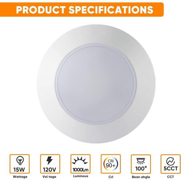 7.5" Flush6-PK Flush Mount LED Disk Light – 15W, 1000lm, CRI90, 5CCT - Picture 2 of 6